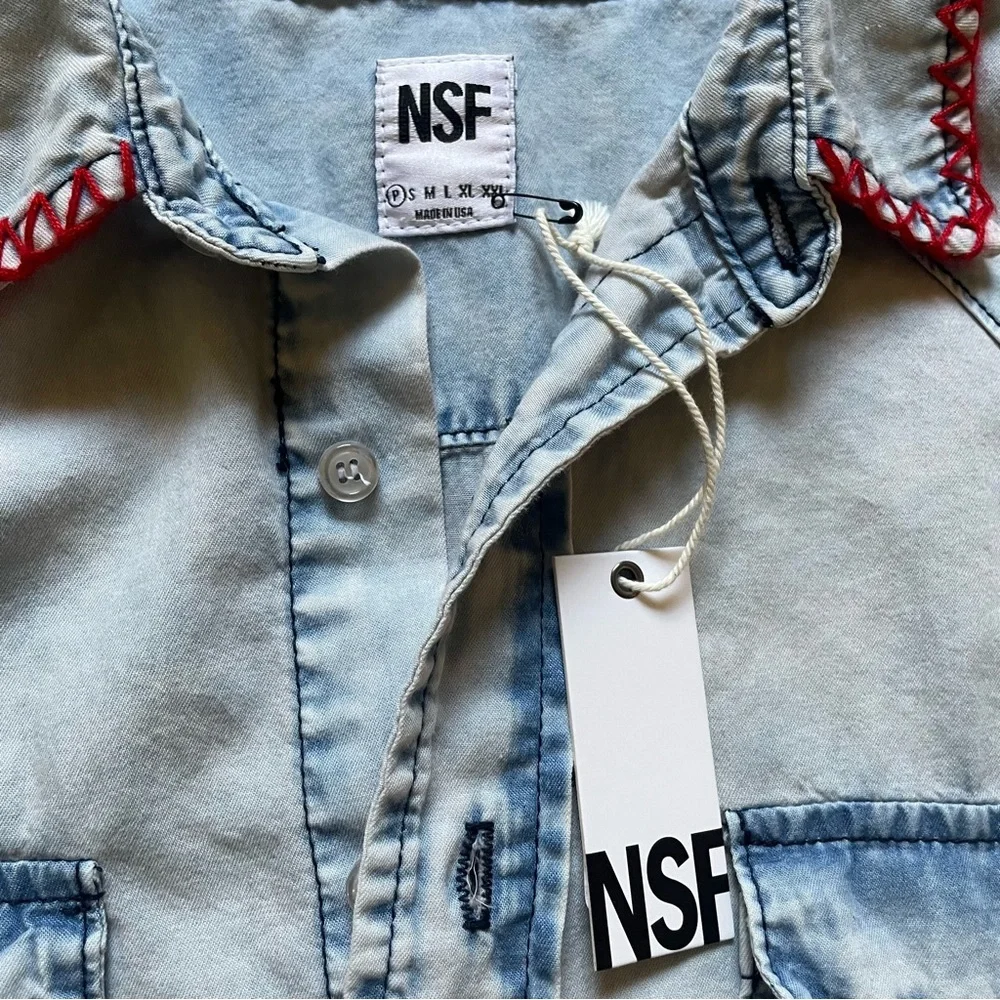 NWT NSF Suz Embroidered button Down Long Sleeve Denim Shirt in Formosa​